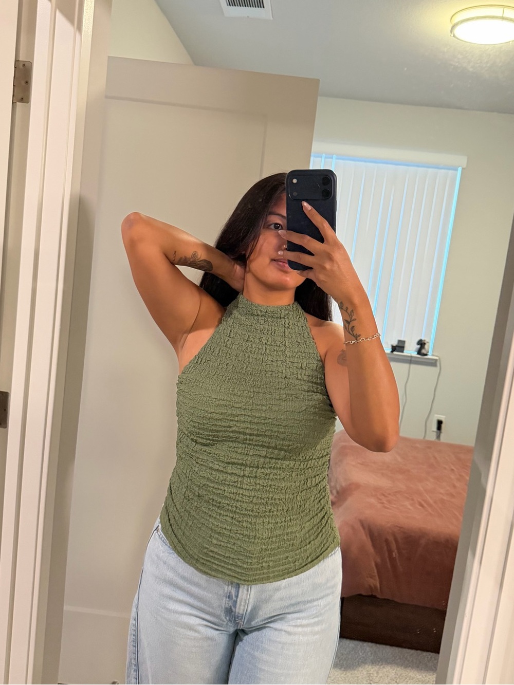Zara Olive Green High-Neck Textured Tank
